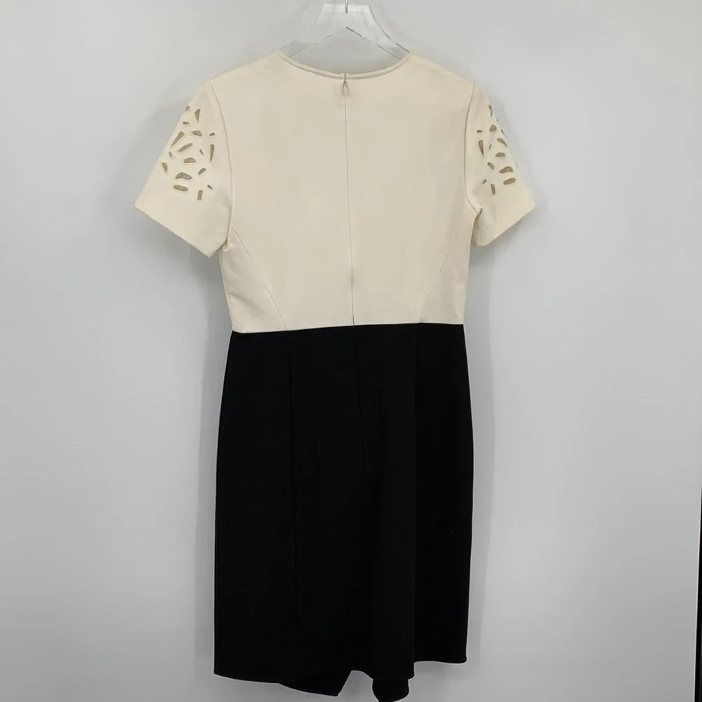4C colorblock shift dress black cream laser cut cut-out knit ruffle women 8